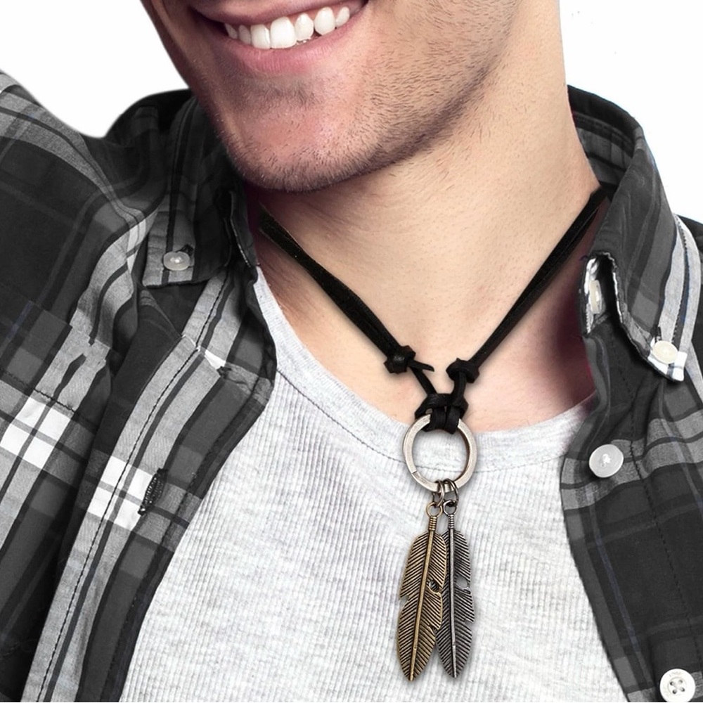 Vintage Feather Pendant Necklace | Adjustable Biker Jewelry | Unisex Necklace